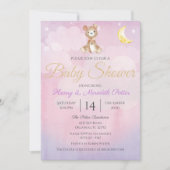 星と月のテディベアパープルガールズベビーシャワー 招待状 (正面)