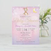 星と月のテディベアパープルガールズベビーシャワー 招待状 (スタンド正面)