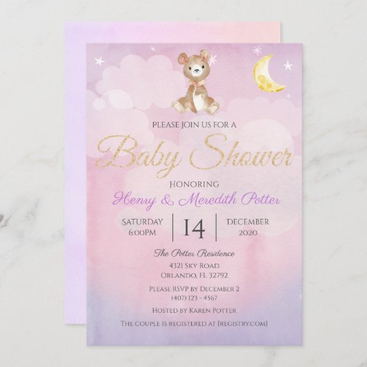 星と月のテディベアパープルガールズベビーシャワー 招待状 (正面/裏面)