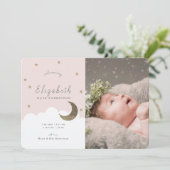 星と月のピンクの女の子の写真の誕生のお知らせ 招待状 (スタンド正面)