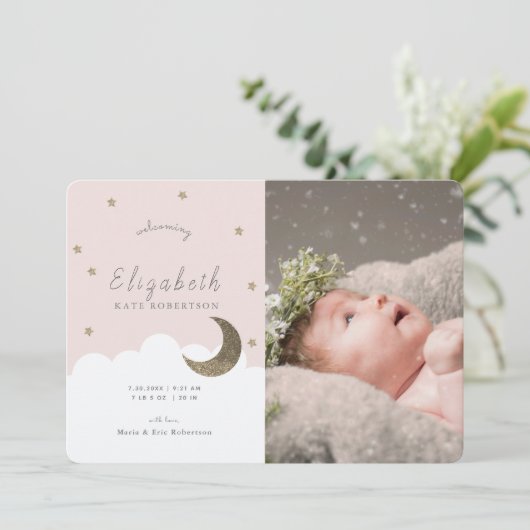 星と月のピンクの女の子の写真の誕生のお知らせ 招待状 (スタンド正面)