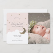 星と月のピンクの女の子の写真の誕生のお知らせ 招待状 (正面)