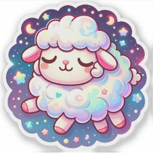 星と月の付いたかわいい夢の羊 シール (正面)