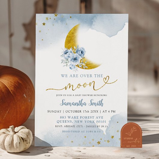 星と月の埃っぽい青い赤ちゃんシャワー 招待状