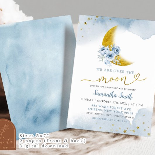 星と月の埃っぽい青い赤ちゃんシャワー 招待状