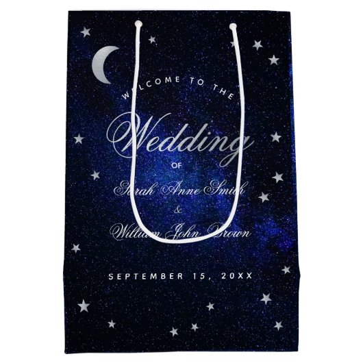 星と月の天空の夜結婚の歓迎 ミディアムペーパーバッグ (裏面)