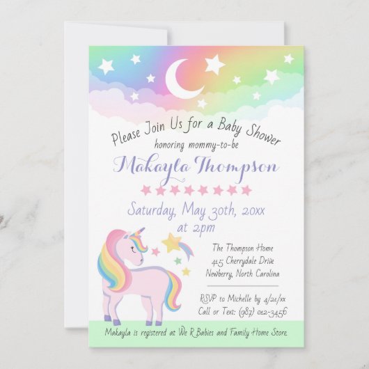 星と月の虹の魔法のユニコーン赤ちゃんシャワー 招待状 (正面)
