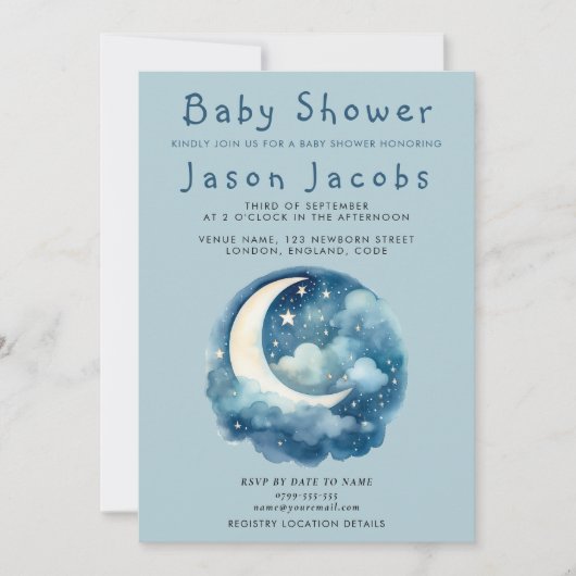 星と月の赤ちゃんシャワー青い招待 招待状 (正面)