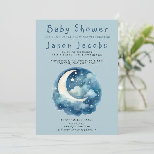 星と月の赤ちゃんシャワー青い招待 招待状 (スタンド正面)