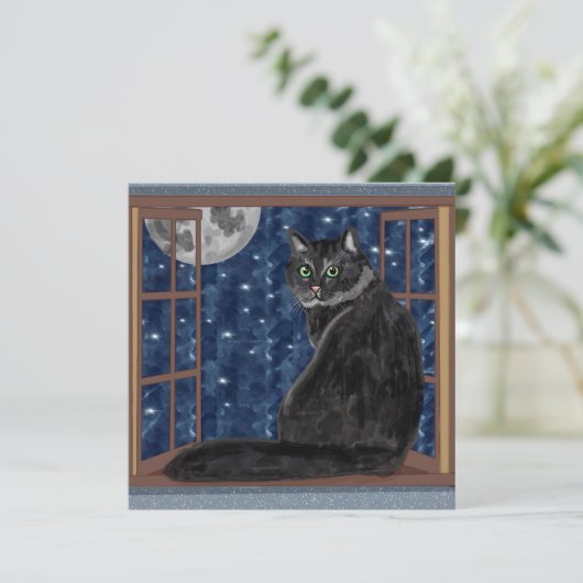 星と月を窓から眺める黒猫 カード (スタンド正面)