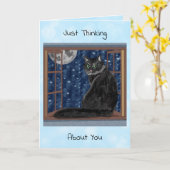 星と月を窓から眺める黒猫 カード (黄色い花)