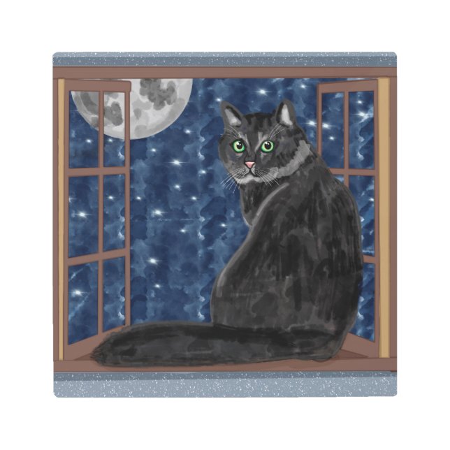 星と月を窓から眺める黒猫 メタルプリント (正面)