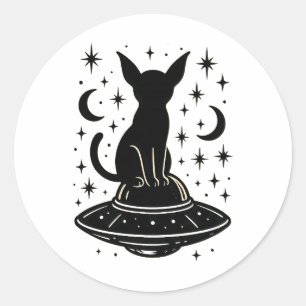 星と月を背景にUFOに乗った神秘的な猫 ラウンドシール