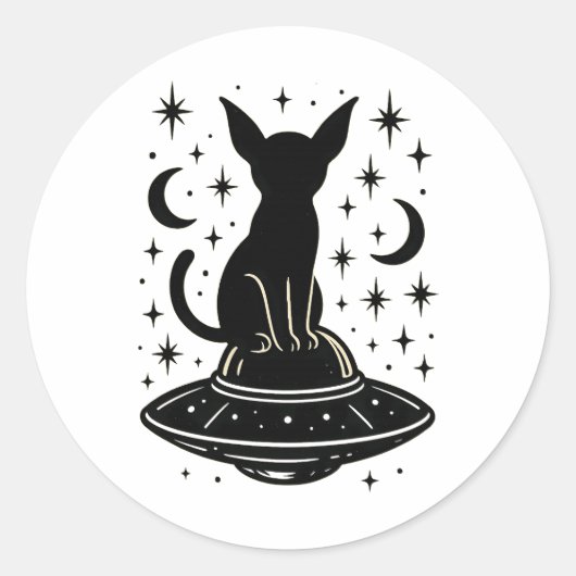 星と月を背景にUFOに乗った神秘的な猫 ラウンドシール (正面)