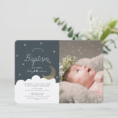 星と月 ネイビーブルー 男の子 写真 洗礼 招待状 (スタンド正面)