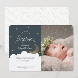 星と月 ネイビーブルー 男の子 写真 洗礼 招待状