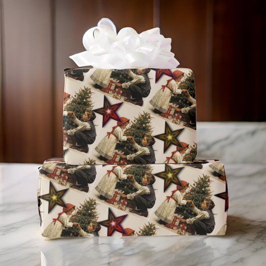 星と木が咲くヴィンテージクリスマス ラッピングペーパー