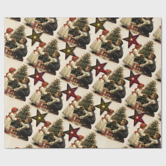 星と木が咲くヴィンテージクリスマス ラッピングペーパー (フラット)