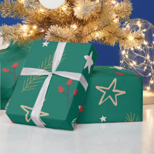 星と果実を持つクリスマスグリーン紙 ラッピングペーパー