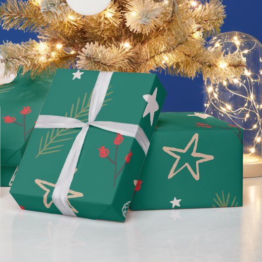 星と果実を持つクリスマスグリーン紙 ラッピングペーパー (クリスマス)