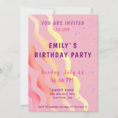 星と波カラフル女の子ピンクの誕生日パーティー 招待状 (正面)