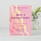 星と波カラフル女の子ピンクの誕生日パーティー 招待状 (スタンド正面)