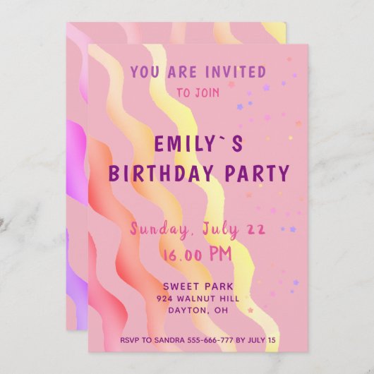 星と波カラフル女の子ピンクの誕生日パーティー 招待状 (正面/裏面)