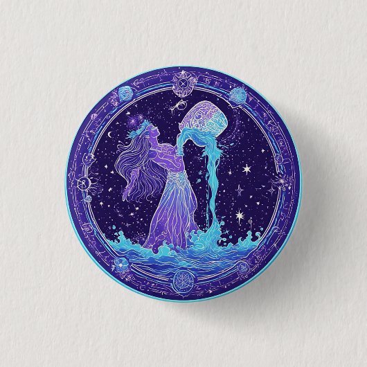 星と神秘的なシンボルが描かれたみずがめ座 缶バッジ (正面)