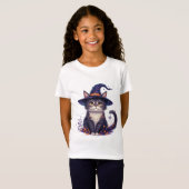 星と紅葉のキュートな魔女猫 🎃 Tシャツ (正面フル)