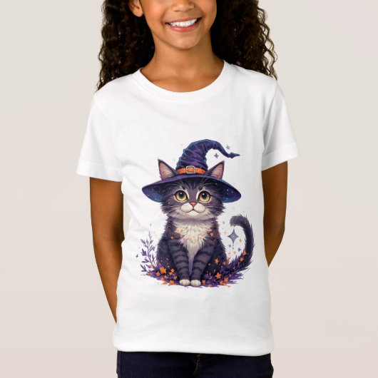 星と紅葉のキュートな魔女猫 🎃 Tシャツ (正面)