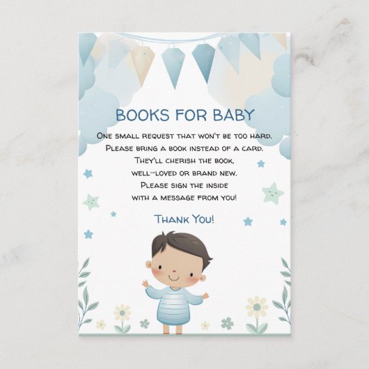 星と花の本を持つかわいい男の子ベビー エンクロージャーカード (正面)