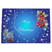星と赤い果実オン深いブルーメリークリスマス ラージペーパーバッグ (正面)
