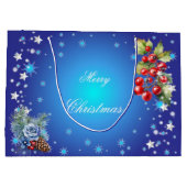 星と赤い果実オン深いブルーメリークリスマス ラージペーパーバッグ (裏面)