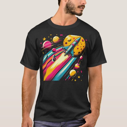星と銀河系を抜けるロケット Tシャツ (正面)