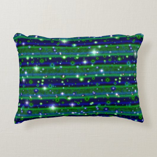 星と雨ストライプ滴が咲く青い緑の アクセントクッション (正面)