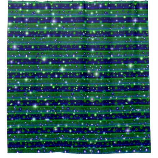星と雨ストライプ滴が咲く青い緑の シャワーカーテン (正面)