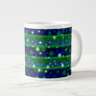 星と雨ストライプ滴が咲く青い緑の ジャンボコーヒーマグカップ