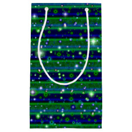 星と雨ストライプ滴が咲く青い緑の スモールペーパーバッグ