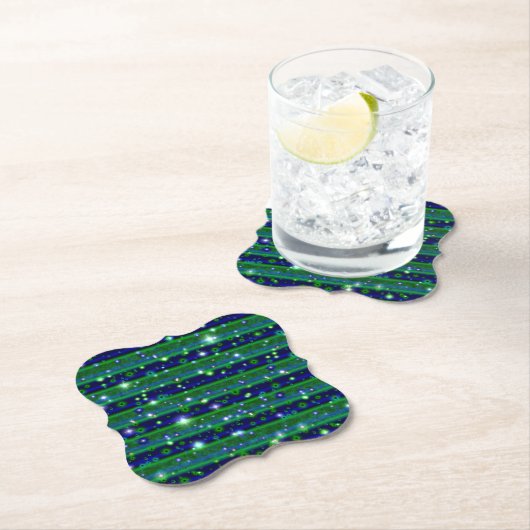 星と雨ストライプ滴が咲く青い緑の ペーパーコースター (インサイチュ)