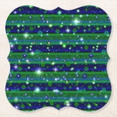 星と雨ストライプ滴が咲く青い緑の ペーパーコースター (正面)