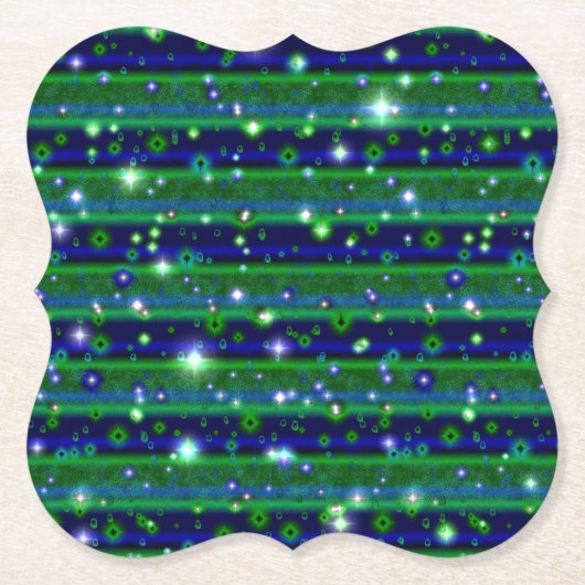 星と雨ストライプ滴が咲く青い緑の ペーパーコースター (正面)