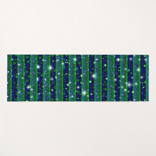 星と雨ストライプ滴が咲く青い緑の ヨガマット (正面(横))