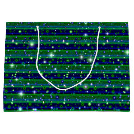 星と雨ストライプ滴が咲く青い緑の ラージペーパーバッグ