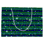 星と雨ストライプ滴が咲く青い緑の ラージペーパーバッグ (裏面)