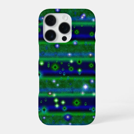 星と雨ストライプ滴が咲く青い緑の iPhoneケース (裏面)