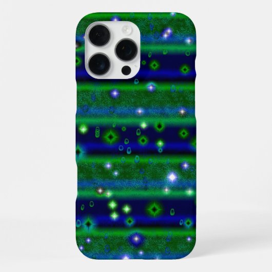 星と雨ストライプ滴が咲く青い緑の iPhoneケース (裏面)