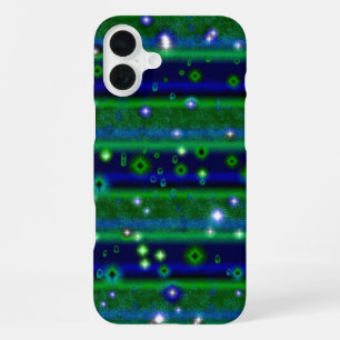 星と雨ストライプ滴が咲く青い緑の iPhone 16 PLUSケース
