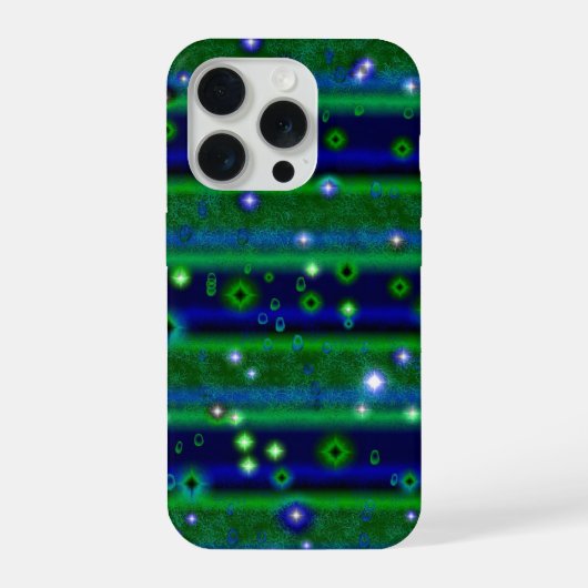 星と雨ストライプ滴が咲く青い緑の iPhoneケース (裏面)