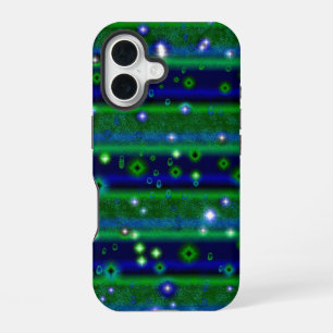星と雨ストライプ滴が咲く青い緑の iPhone 16ケース