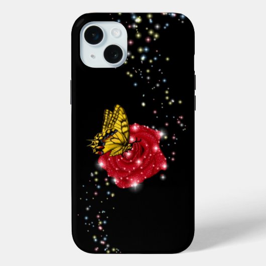 星と雨粒と赤いバラの上の蝶 Case-Mate iPhoneケース (裏面)